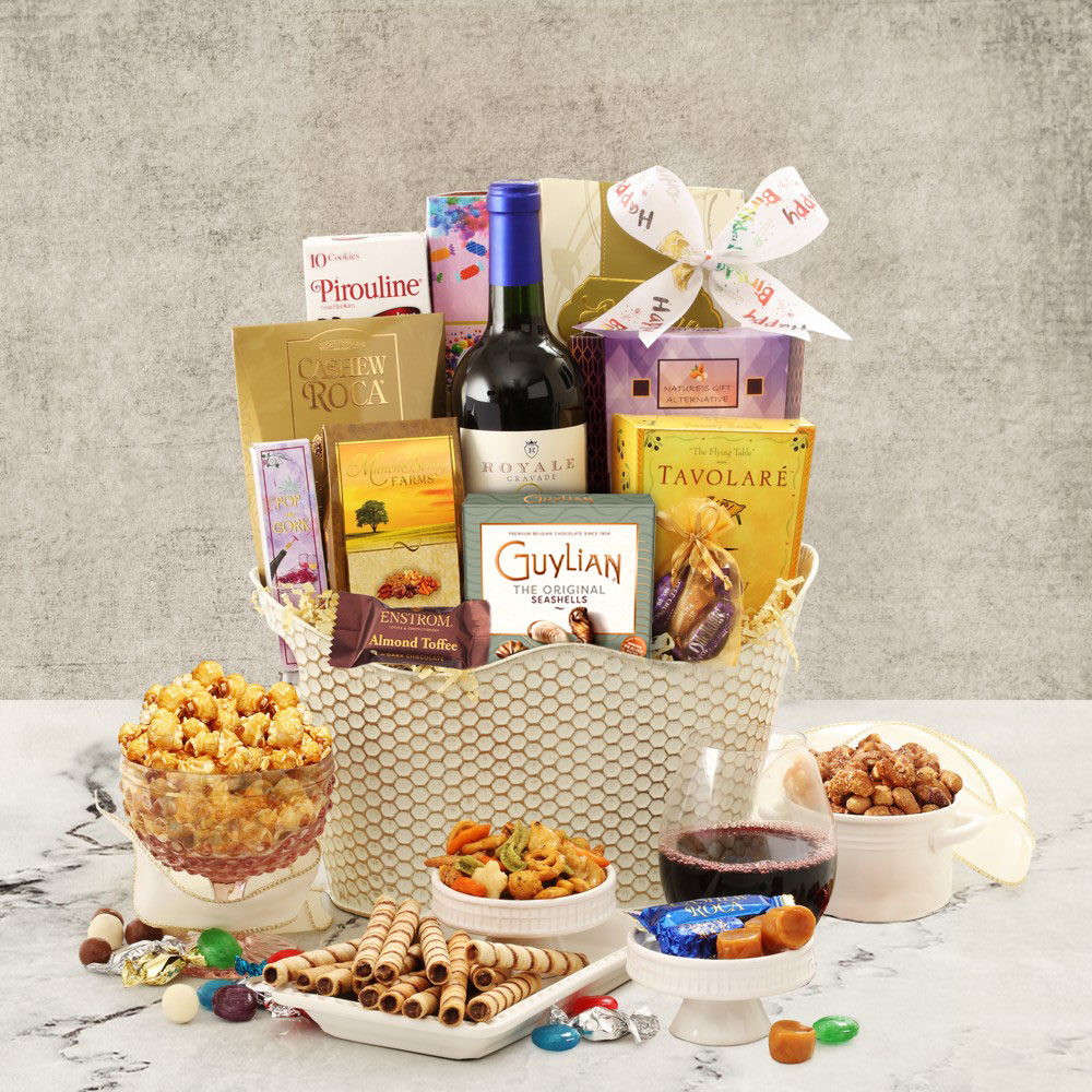 >Blissful Birthday Wine Gift Basket