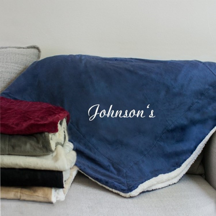 >Embroidered Navy Sherpa Blanket