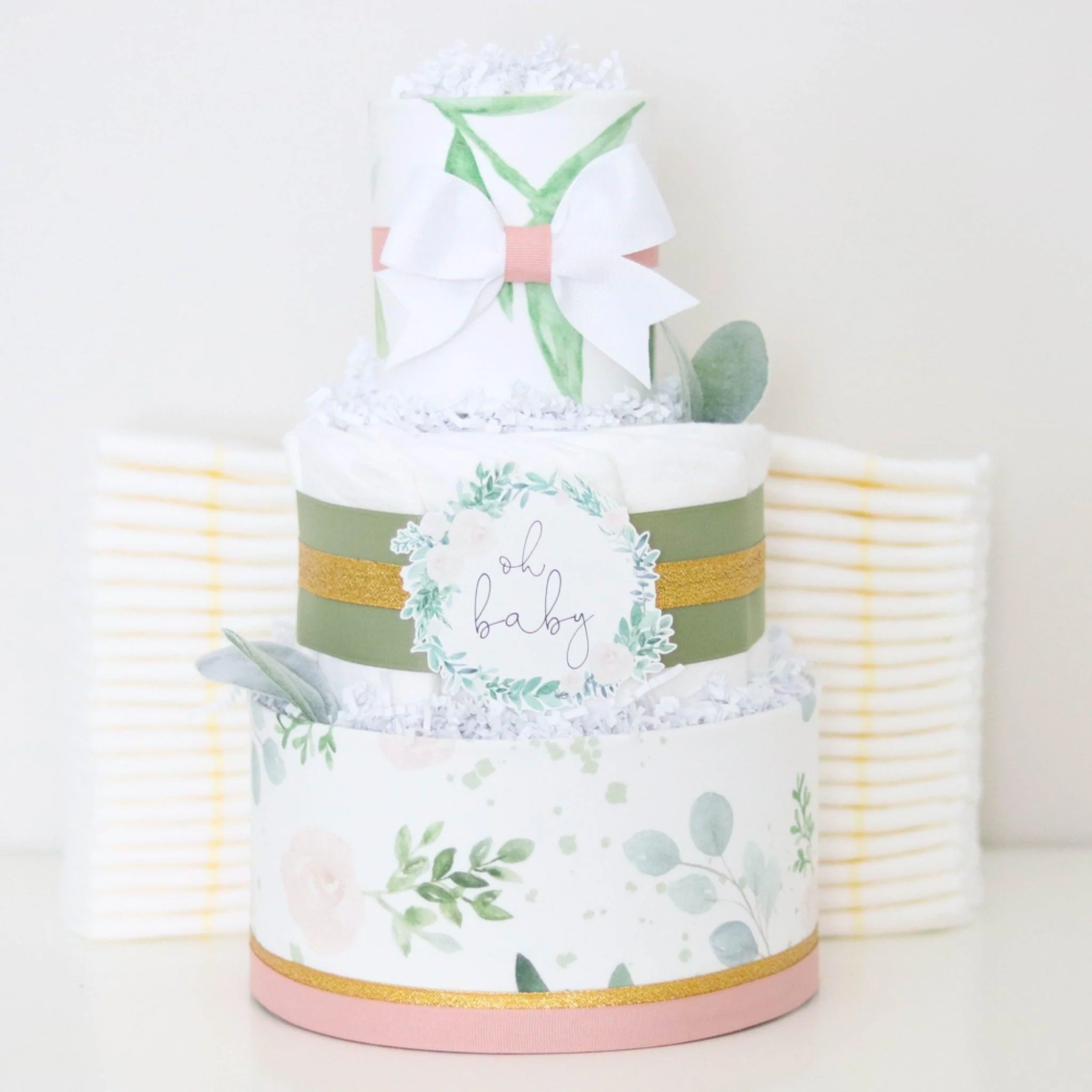 >Floral Greenery Baby Diaper Cake