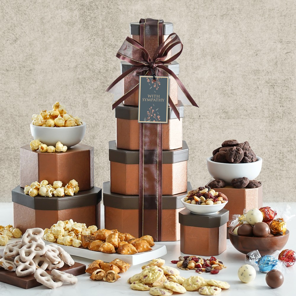 >Gourmet Sympathy Gift Tower of Sweets