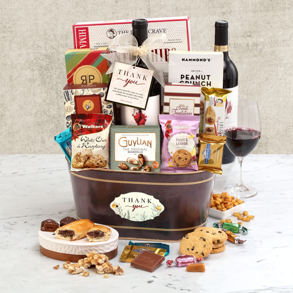 >Gourmet Thank You Wine Gift Basket