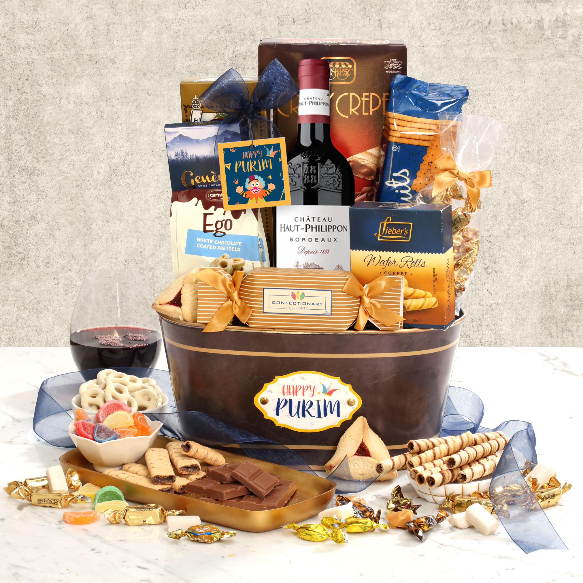 purim gift baskets with treats and wine 