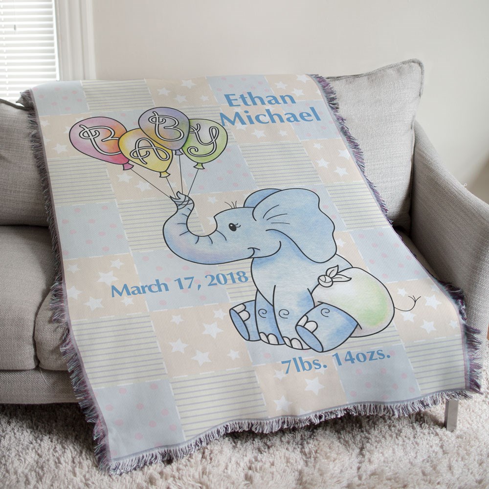 >Personalized Baby Boy Elephant Throw