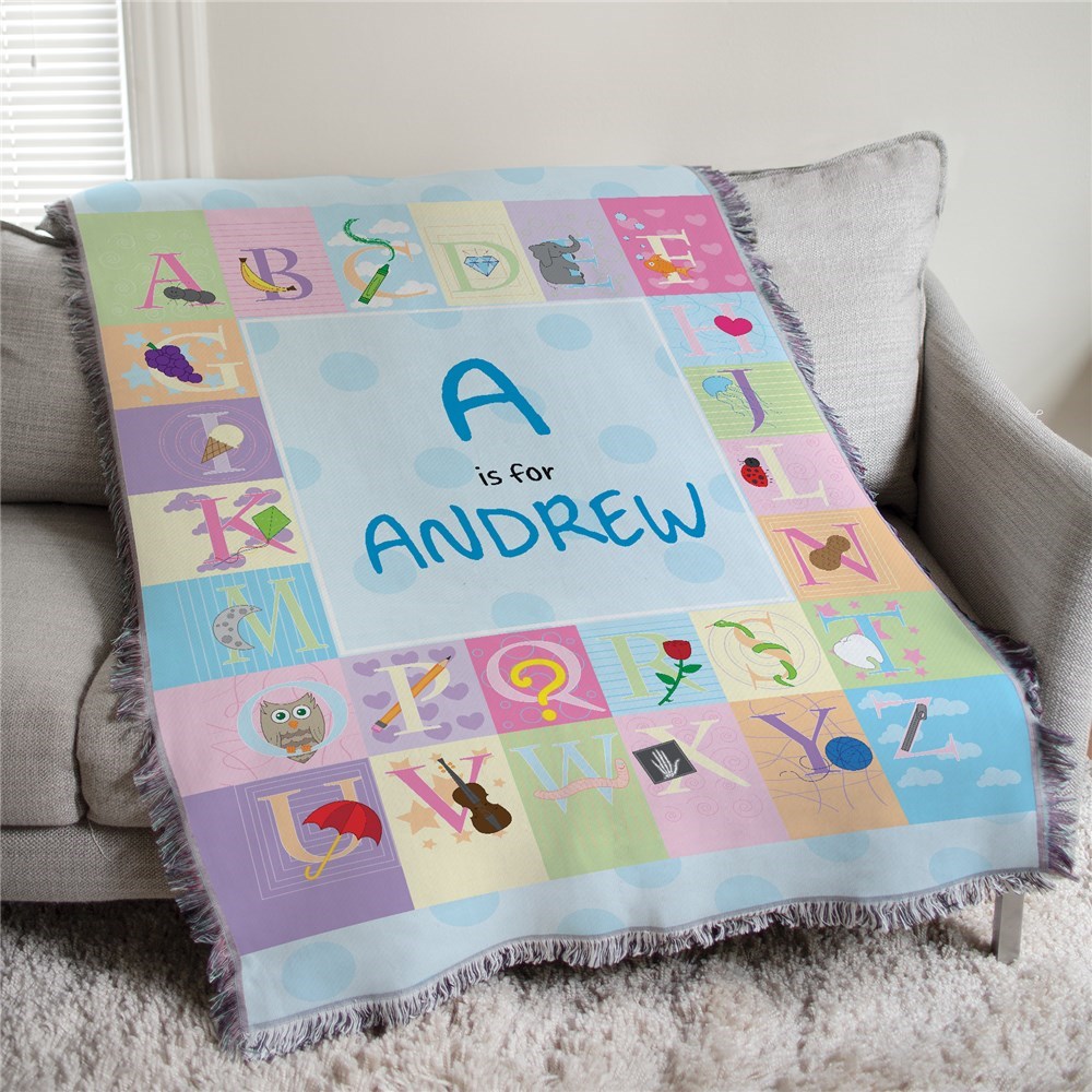 >Personalized Blue Alphabet Baby Tapestry Throw