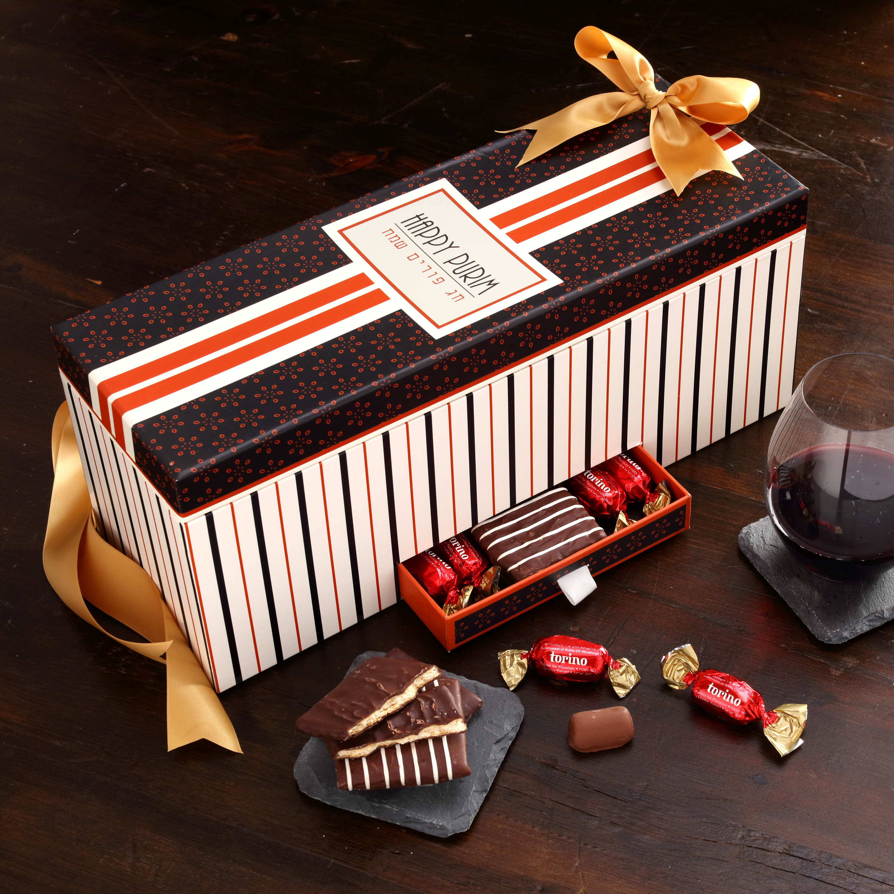 Buy our purim wine & chocolate gift box at broadwaybasketeers.com