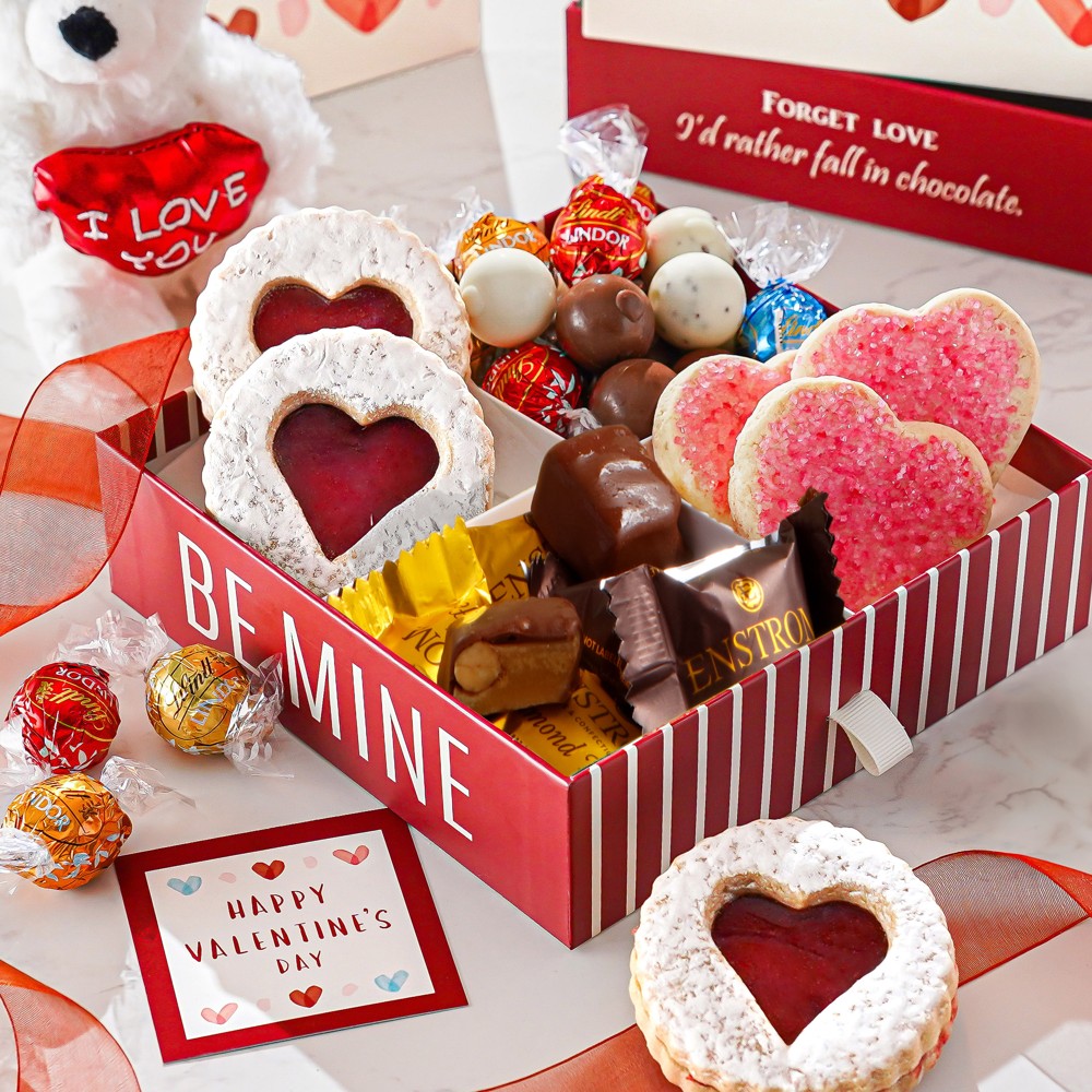 valentines cookie selection box with chocolates and bear